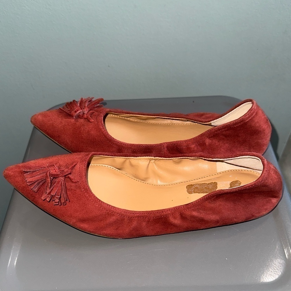 J.Crew Burgundy Suede Pointed Toe Tassel Stretch flats size 8